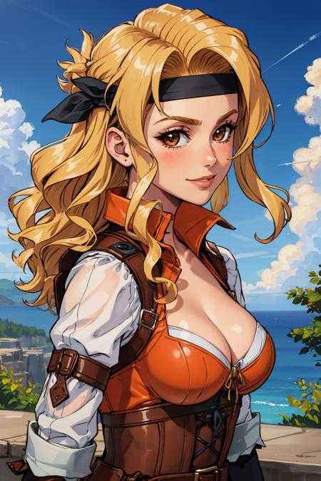 masterpiece, best quality, brigid, black headband, fingerless gloves, orange dress, cleavage, corset, portrait, upper body, large breasts, smile, from side, blushing, looking at viewer, sky, clouds <lora:brigid-nvwls-v1-000010:0.9>