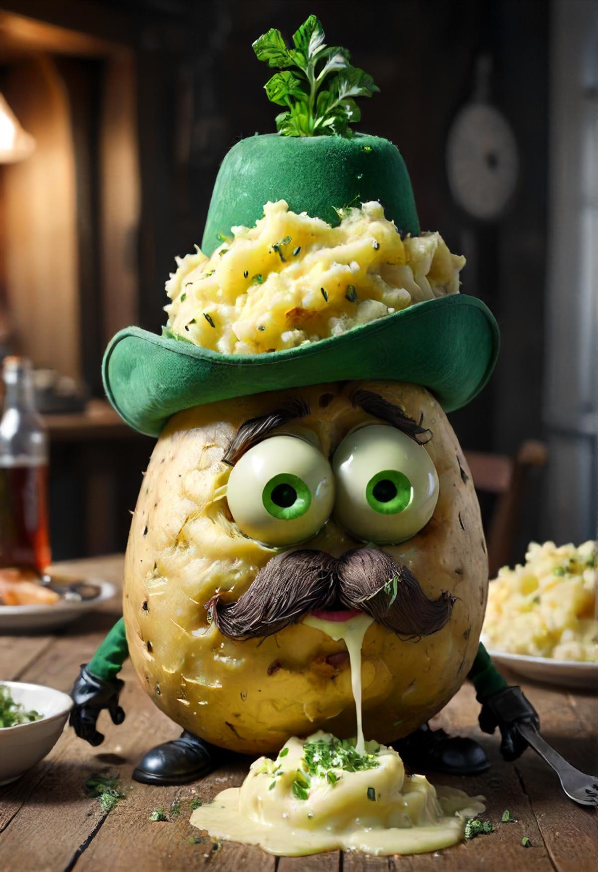 night, you seem mighty drunken my dear potato friend which is wearing a green top-hat and barfing mashed-potatoes, wasted ...