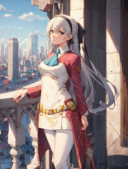 masterpiece, best quality, elie macdowell, wistful expression, hairband, hair ribbon, blue ascot, red coat, white dress, black pantyhose, white boots, balcony, city, standing, wide shot <lora:elie-ver2-nv-lightbaked-v1-000014:0.85>