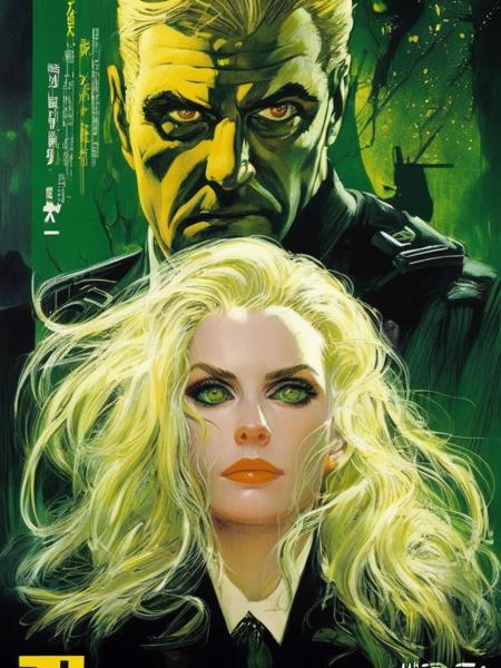 noriyoshiohrai style, movie poster, highly detailed, facial focus, sharp focus, young girl with long platinum blonde hair, freckles, and a handsome evil man, green yellow black, (spec ops:1.1), secret agents, close up, (psychological horror:1.2), ominous, villainous, highest quality, masterpiece, avant garde