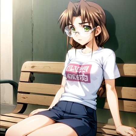 solo, Sakaki Chizuru, brown hair, green eyes, twin braids, glasses, t-shirt, sitting on a bench, town