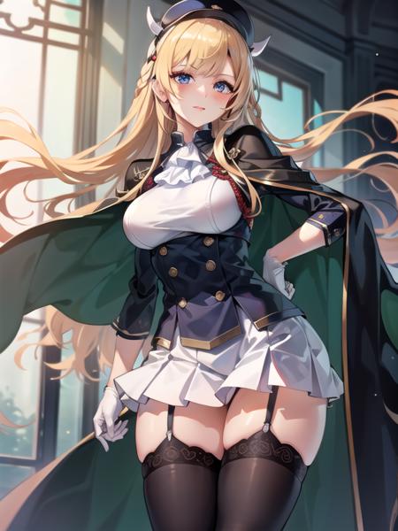 (hyper extreme detailed),(masterpeace),(hyper extreme),(photorealistic),CG,(colour:1.2), beautiful lighting,light from the front,rating:safe,solo, <lora:kongou:0.5>,kongou,blonde hair,long hair,blue eyes,white_gloves,garter_straps,zettai_ryouiki,pleated_skirt,white_skirt,stoking,high_heels,white shrite,long_sleeves,black_cape,short_dress,