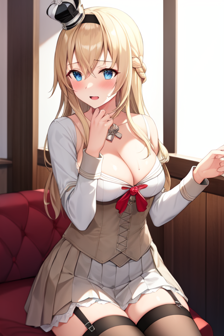 kcwarspite, thighhighs, cleavage, white thighhighs, blush, sitting, garter straps, open mouth, medium breasts, upper body