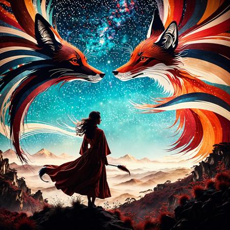 Bosstyle, Silhouette of a Woman fighting a giant DARK mononoke Monster Boss resembling a ethereal fox with seven tails: Capture the essence of nostalgia and color in this vintage photograph. Dominating the scene is a meticulously detailed, translucent dark-red Blood filled firefox, adorned with vibrant patterns, blending seamlessly with its surroundings. Its long tail, composed of intricately woven ribbons in a spectrum of colors, trails behind, adding to the spectacle of the moment. Amidst the quietude of the night, its presence exudes a sense of ancestral strength and resilience. Behind it, the low-toned hues of the Milky Way cast a mesmerizing backdrop, a cosmic tapestry weaving tales of both past and future. In this moment, the convergence of tradition and technology, of ancient wisdom and industrial progress, hangs palpably in the air., atmospheric haze, Film grain, cinematic film still, shallow depth of field, highly detailed, high budget, cinemascope, moody, epic, OverallDetail, 2000s vintage RAW photo, photorealistic, candid camera, color graded cinematic, eye catchlights, atmospheric lighting, imperfections, natural, shallow dof