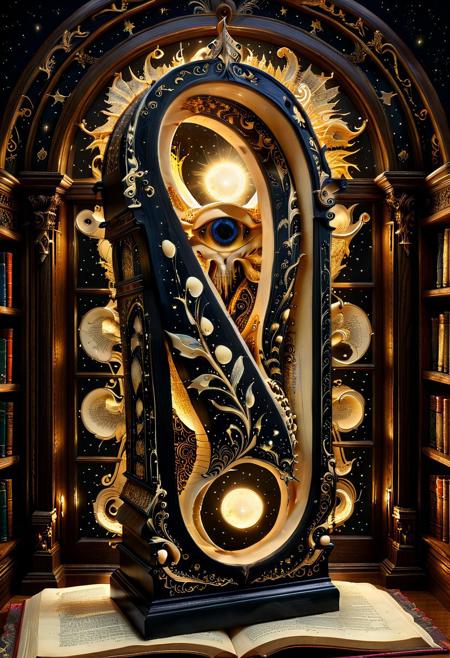 A majestic, fantastic beast made entirely of Ebony and Ivory Scrimshaw, emerging from the glowing pages of an ancient open book. The creature has intricately carved, contrasting black and white surfaces, with delicate scrimshaw etchings of mythical scenes across its body. It is mid-transformation, as if coming to life from the book’s parchment, with swirling magical energy and floating ink symbols around it. The setting is a grand, dimly lit library filled with towering wooden shelves, leather-bound tomes, and shafts of warm, golden light filtering through high arched windows. Dust particles hang in the air, catching the light, as the surreal moment unfolds in stillness and awe.
fantasy art, hyper-realistic, high detail, magical realism, atmospheric lighting, cinematic, SDXL