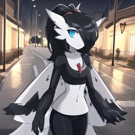 masterpiece, best_quality, 1girl, solo, gardevoir, moth girl, neck fur, moth wings, creatures \(company\), game freak, nintendo, pokemon, pokemon \(game\), bangs, colored skin, female focus, gen 3 pokemon, black hair, (messy ponytail), black tshirt, pants, neutral expression, black skin, hair over one eye, multicolored skin, pokemon \(creature\), blue eyes, two-tone skin, white skin, lamppost, outdoors, city <lora:gardevoir_V2:0.8>,  <lora:mothgirl:0.8>