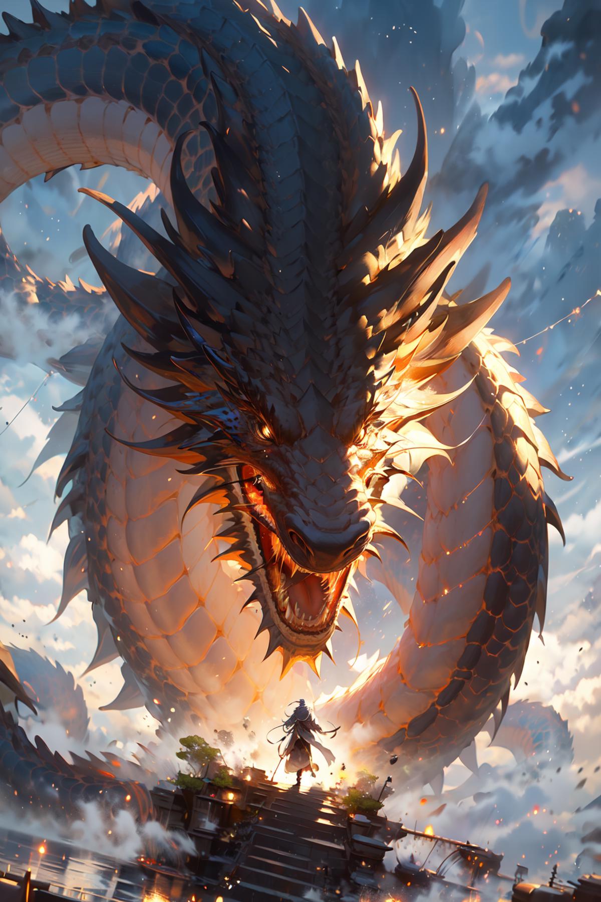 A dragon with a fierce look on its face.
