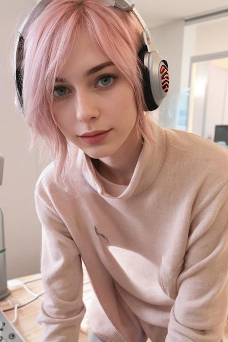 too cute to be true, 18 years old,  close-up, messy hair, colorful pastel hair, (nip slip:0.2), baggy clothes, armpit, gamer headset, streamer light