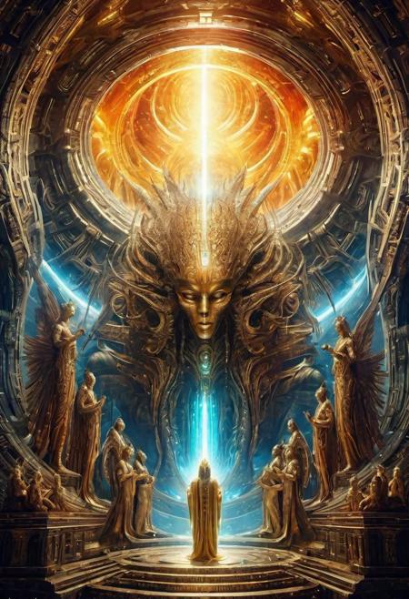 Depiction of God as a primal alien surrounded by heavenly angels inside a spaceship with the name heaven" written on it. masterpiece, Best Quality, Ultra-detailed, finely detail, hight resolution, 8K picture quality, UHD, Perfect dynamic composition, (Hans Rudolf Giger style). Vibrant colors. Colorful.