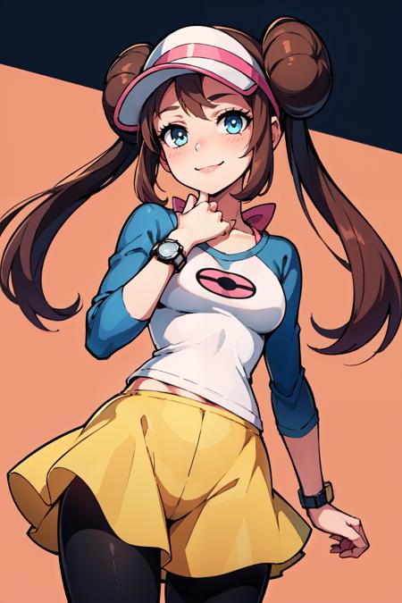 zzRosa, hair bun, blue eyes, twintails,  visor cap, pantyhose, raglan sleeves, yellow shorts, shirt, pink bow, wristwatch,