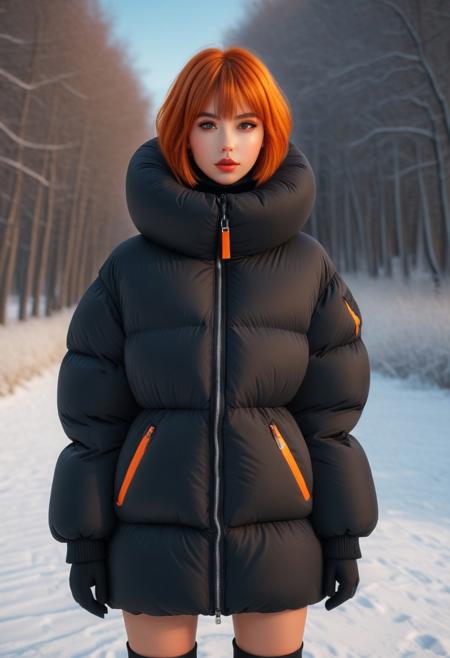 Oversized padded down jacket, Oversized padded puffer jacket, Oversized padded winter clothes, down vest, puffer vest, very very cold, cowboy shot, snow, winter, field, snow field, outdoors, nature, standing, landscape, high distinct image, gloves, Realistic, artstation original character, masterpiece, best quality, highres, ultra_detailed, 4k, UHD, pixiv, ligne claire, noise reduced, distinct, vivid, orange hair, unreal engine, orange eyes, hair ornament, sidelighting, detailed face, lipstick, perfect body, beautiful eyes, pretty face, 1girl, bishoujo, cant be this cute, bright skin, young girl, bangs, short hair, padded cuffs, padded collar, Thick padded cuffs, Thick padded collar, <lora:Collar-SDXL:0.6>, <lora:Cuffs-SDXL:0.6>, <lora:Puffer_Jacket_and_Down_Jacket_-_Extra_Puffy_Jackets:0.6>,  <lora:puffer_skirt_v1:0.6>
