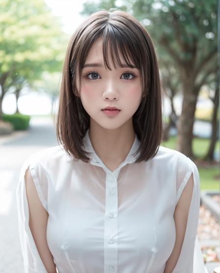 pureerosface_v1:0.03, best quality, photorealistic, 8k, high res, full color, 1girl, woman, 20 years old woman, (closed mouth:1.73), (skindentation), (portrait:0.6), trees, park bench, daylight, ((park background:1.52)), full color, ((buttonedwhiteshirt:1.58)), looking at viewer:1.8, (1girl eyes looking at viewer:1.55), (medium hair, brownhair, sweptpartedbangs:1.45), (bokeh), <lora:AAG-nono:0.69>