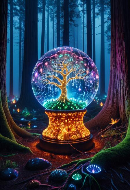 LED, (masterpiece, best quality, highres:1.2), (photorealistic:1.2), (intricate and beautiful:1.2), (detailed light:1.2), (colorful, dynamic angle),
A hyper-realistic close-up of a crystal ball, resting on a weathered colorful pedestal, pedestal made out of colorful LED lights, pedestal is carved with intricate runes, runes glowing faintly in amber LED, detailed,
BREAK inside the crystal ball, a tree made of pines and needles, electricity appears to shock the heart from the edges of the crystal ball, with subtle flickers of light illuminating the swirling smoke patterns, 
BREAK Background, Dramatic lighting, rolling fog, intense highlights, deep shadowy contrasts, creating a powerful, moody atmosphere, Hyperdetailed colorful LED lights create glowing ember effects, intricate reflections, in a spooky forest, depth of field,
organic armor shaped like insect shells and glowing mycelium, helmet visor displaying bio-digital LED readouts, glowing spores drift around her, tracking luminous footprints across an alien terrain of fungal towers and crystal pools, masterpiece, high score, great score, absurdres, 
Style: Whimsical,colorful LED lights,
Color Palette: Warm, inviting colors; golden browns, 
Lighting: Soft and warm lighting to enhance the coziness
Aesthetic: Fun, charming, and delicious