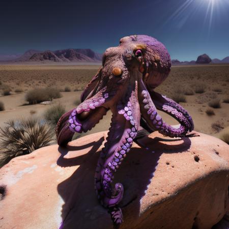 rcnz_hqr, 8ctopus, An purple octopus on a rock in the desert, sun in the sky
 <lora:8ctopus:.6>