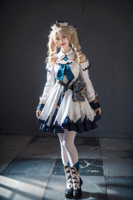 best quality, masterpiece, photorealistic, 1girl, solo, standing, arms at side, full body, looking at viewer, smile, closed mouth, barbara cosplay costume, cosplay, blonde hair, hair between eyes, twintails, dress, long sleeves, hat, detached collar, book, waist bag, white pantyhose, boots, simple background, <lora:genshin_Barbara_cosplay_v1:0.7>