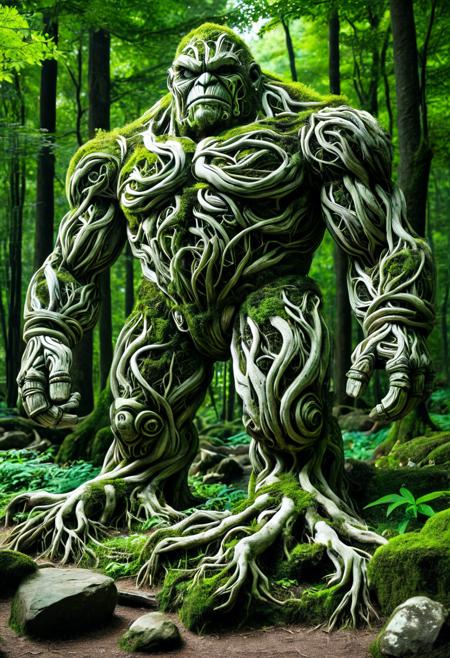 score_9,score_8_up,score_7_up, PG-TR, This is a vibrant, fantasy illustration of a large, golem-like figure that appears to be made of stones and rocks, partly overgrown with lush green foliage. The figure stands in a forested environment, with trees and plants surrounding it, and in the background, ruins or other stone structures are visible. The sky above is clear blue with some white clouds, indicating a sunny day.
The colossus itself is impressively large, with a broad posture and thick, robust limbs. Its body is a mix of gray and brown stones, some smoother than others, with cracks and moss growth emphasizing its age and natural integration. The most striking feature is the dense layer of bright green leaves covering large parts of its torso, shoulders, and upper legs, as if it has become part of the forest itself.
The colossus's face is somewhat human-like, with a stylized, flat nose and indentations suggesting eyes, all formed from stone. The overall atmosphere of the image is one of wonder and mystery, fitting for a fantasy world. <lora:Treeroots_0_90_multi2_Handprocessed_V2:1>