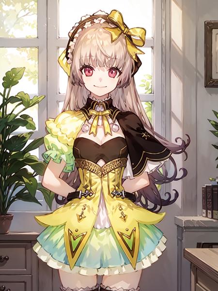 charsuelle, 1girl, solo, smile, bow, looking at viewer, dress, hair bow, hairband, cleavage cutout, thighhighs, arms behind back, closed mouth, short sleeves, capelet, skirt, puffy sleeves,  frills, bangs, indoors, desk, sunlight, window, <lora:suellev1a:0.9>