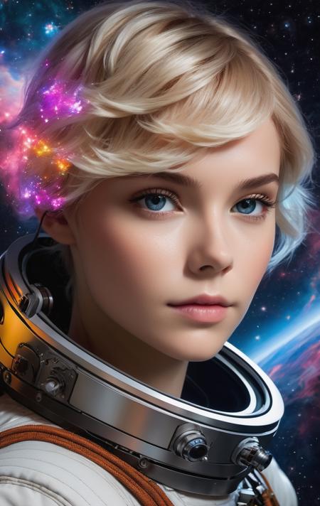 HDR photo of highly detailed portrait of a hopeful pretty astronaut lady with a wavy blonde hair, by Joseph Ducreux, 4k resolution, nier:automata inspired, bravely default inspired, vibrant but dreary but upflifting red, black and white color scheme!!! ((Space nebula background)) . High dynamic range, vivid, rich details, clear shadows and highlights, realistic, intense, enhanced contrast, highly detailed, ( Ultra realistic, Intricate, awesome ultra high resolution photography, technical showcase), (Superb close view of a ultra detailed, super high resolution Pixie made of colorful intricate patchwork) (dramatic lighting, masterpiece), (Colorful, Ultra Realistic, High quality, Ultra detailed, Sharp focus, 8K UHD, Ultra realism, Movie scene, trending on Civitai)