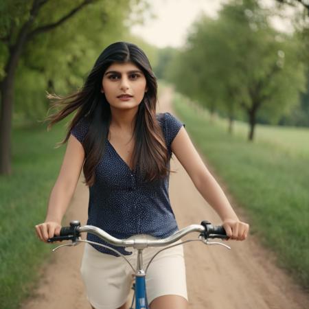 cinematic film still of Perfect Detailed
 <lora:Mia Khalifa-000001:1> Mia Khalifa
a woman riding a bike down a path cinematic vintage film style, shallow depth of field, vignette, highly detailed, high budget, bokeh, cinemascope, moody, epic, gorgeous, film grain, grainy