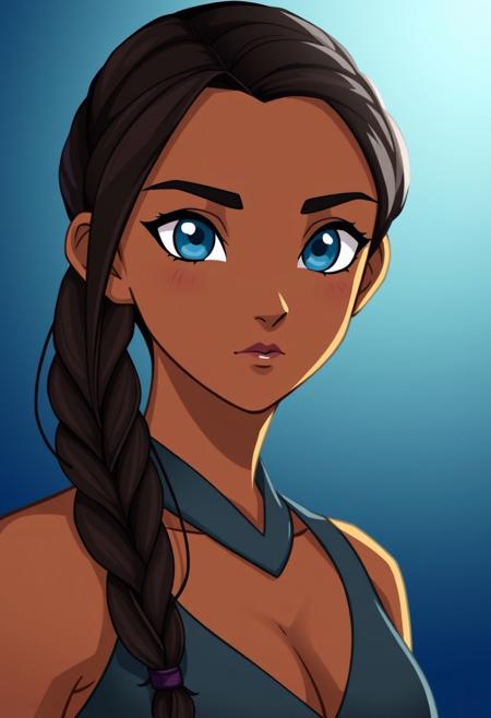 Katara is a young Waterbender with a graceful and athletic build. She has long, dark brown hair often styled in a loose, single braid that hangs down her back. Her striking blue eyes are one of her most notable features, and her skin is a light, warm brown tone. Katara’s facial features are expressive, with a gentle yet determined look.