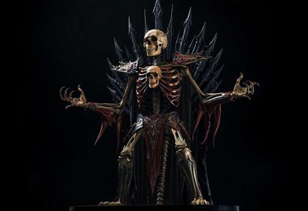 "A hyperdetailed cinematic concept art of a grimdark monster humanoid standing tall against a Nightmare Throne black background. The figure is composed of a skeletal structure, adorned with intricately designed red and gold armor covering its torso and arms, featuring a prominent skull on the chest. The monster’s arms are outstretched, legs slightly spread, and head turned to the left, gazing into the distance, exuding readiness and eerie dominance. Rendered in Unreal Engine 5, with 8K resolution, lifelike details, sharp lines, and stunning, harmonious colors. The composition is impeccable, with captivating lighting, balanced editing, and a creative angle, trending on ArtStation, CGSociety, and Pixiv. Inspired by the styles of Raphael, Houdini, and Grammer Effect, with vivid emotions and a powerful message. The monster humanoid’s design showcases handcrafted precision and a sense of otherworldly menace, making it the undeniable focal point of the image. Cinematic composition, featured on ArtStationHQ and Pixiv, evoking a high-stakes, dark fantasy atmosphere."
