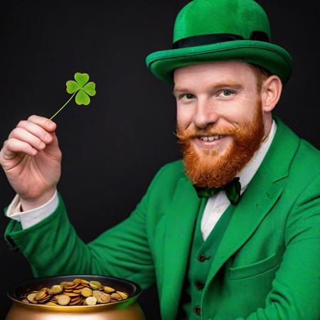 photo of a young irish gentleman in green clothing, short red beard, bowler hat on his head, (four-leaf:1.1) clover in green gold, sitting in front of pot filled with gold coins, offering one gold coin to the viewer
