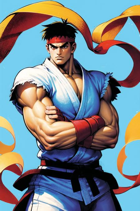 solo, 1boy, male focus, dougi, red headband, brown hair, ryu (street fighter), crossed arms, gloves, sleeveless, belt,white clothes, <lora:Yasuda akira:0.8>