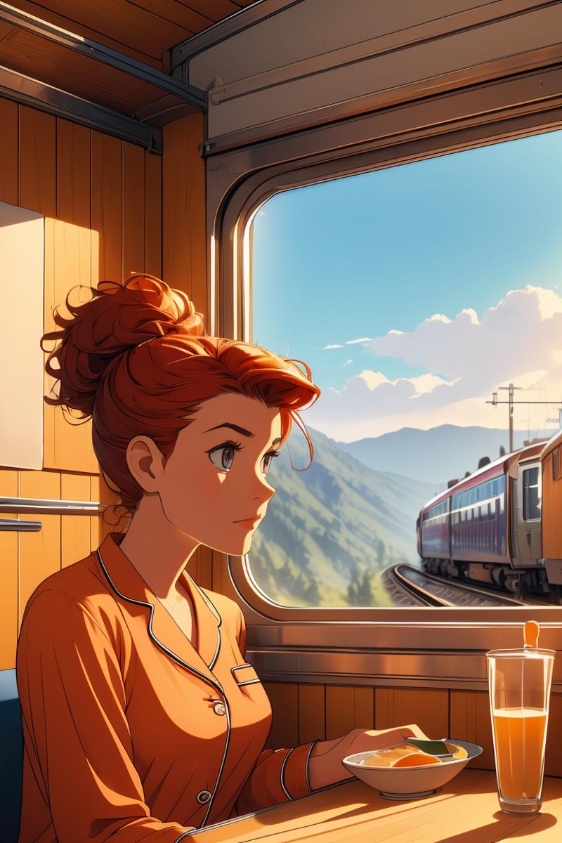 A woman in an orange shirt looking out the window of a train.