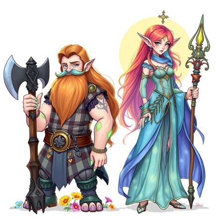 Draw a feminine  bioluminescent dwarf With copper hair, beard, Brightly coloured long finger nails, translucent plaid top, muscular arms, bright coloured flowers, sunshine, large ornate axe. And a feminine elf Brightly coloured long finger nails, reflective coat, translucent dress, sunshine, large ornate staff, rainbow hair,
