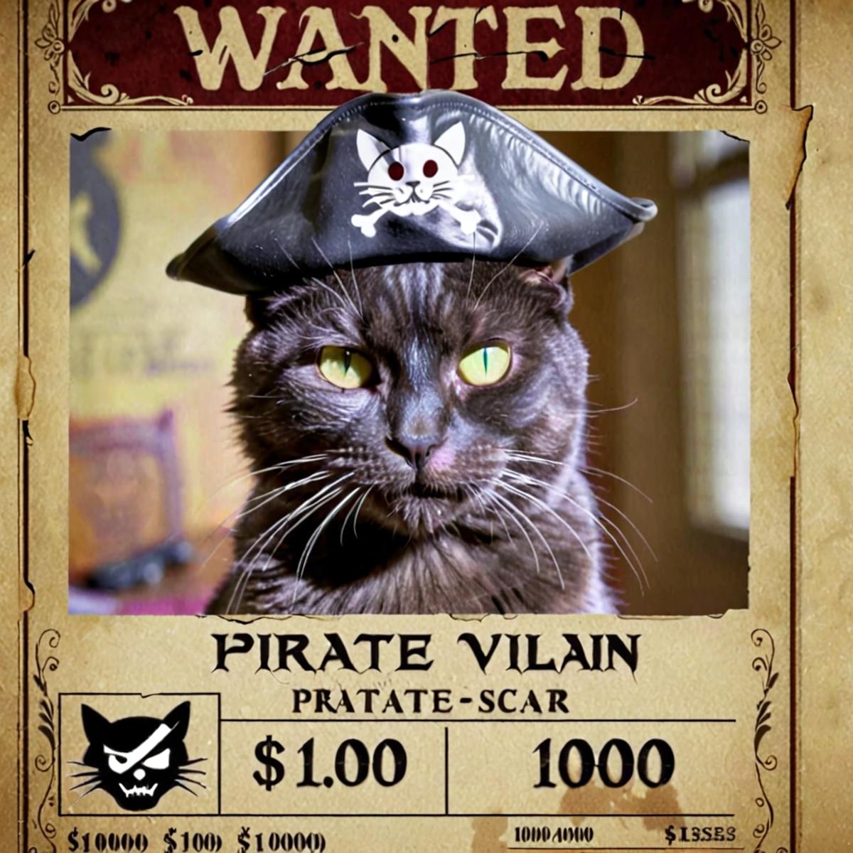 Wanted poster featuring a cat in a pirate hat with green eyes, labeled as a pirate villain.