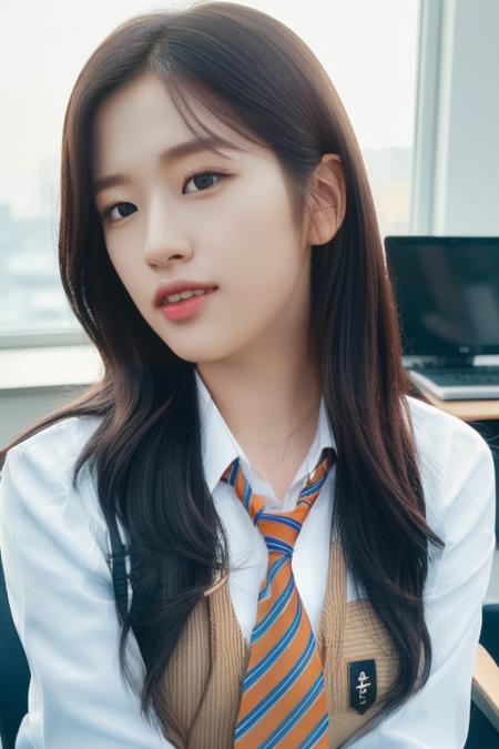 <lora:iveYujinV1:1>,Yujin,(close-up photo:1.2),(pov:1.4),(a girl is wearing high school uniform and skirt:1.5), korean, woman, perfect eyes,1girl,complex 3d render ultra detailed, portrait of beautiful women, moody portrait, striking features, beauty, intricate details, dramatic composition, tension, wispy hair, contrast, texture, realism, high-quality rendering, stunning art, high quality, film grain, Fujifilm XT3,swirly bokeh,(realistic, photo-realistic:1.4),RAW photo,physically-based rendering,(8k, best quality, masterpiece:1.2),(full body shot:1.2),(close-up photo:1.3),octane render,extremely detailed CG unity 8k wallpaper,(studio soft light, rim light,in classroom,sunlight:1.2),hyper realistic detail shiny skin,ultra detailed,(ultra realistic:1.5),(looking at viewer:1.2),(intricate:1.2),(photorealistic:1.4),chair,desk,(skinny:1.3)