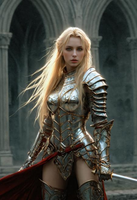 (an epic realistic photo of a beautiful female elf knight:1.12), (she has long blonde hair), (she wears a shining embossed silevr and gold knight's armor), trending on artstation, (high quality:1.2), (masterpiece:1.2), high details, incredibly absurdres, colorful, (realistic cinematic photo:1.33), (Luis Royo Style:1.31), (Gerald Brom Style:1.19), (Paolo Eleuteri Serpieri Style:1.25), (comp_top:1.16), (raw photo:0.74), (high fantasy castle interior background:0.56), (dynamic active poses)