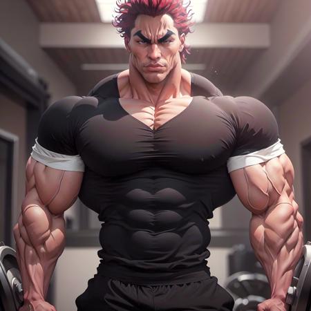 highres,High quality,(Beautiful), ((masterpiece)),vibrant colors, solo,1boy, abs, biceps, covered abs, large pectorals, male focus, manly, muscular, muscular male, pectorals, red hair, solo, spiked hair,shirt, <lora:YujiroV9:1>