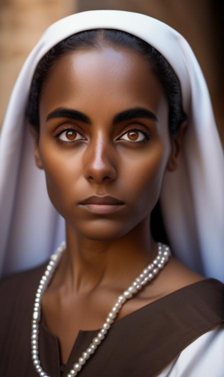 <lora:Gaia_Scodellaro_xl_lora-000021:1>woman  Realistic 8K portrait:  (brown skin) nun, old italian village bright brown eyes, wind-blown long hair, pearl necklace; dramatic lighting, cinematic colors; hyper-above, hi detail, sharp focus, perfect lighting, awesome, dslr, 4k high quality. extra detail, extra sharp, magical, perfect moment, natural skin, pores