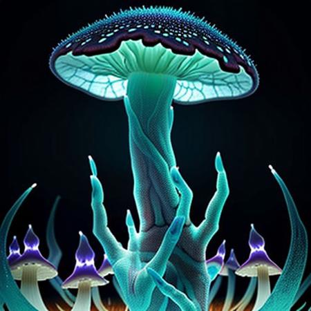 An eerie gigantic mushroom cathedral, its bioluminescent interior casting a soft, ethereal glow. The walls and ceiling are lined with cracked, glowing blue veins that mimic the intricate patterns of shattered glass, hinting at the presence of archaea and bacteria. In the center of this mystical space, a Kleptoparasi is a mixes of archaea/bacteria/mushroom/parasite/fungi a living virse humanoid entity, stands tall with its translucent bioluminescence glass like skin revealing a complex network of neon glowing veins in the same electric blue hue. Its eyes are two piercing dots of light that seem to pulse in sync with the surrounding fungal structure. The creature wears tattered robes made from what appear to be discarded membrane scraps, giving it an otherworldly, yet strangely organic appearance. As it steps into the heart of the cathedral, its veins flare up in a symphony of colorful flames—purple, teal, yellow, green, red, orange, and pink—manifesting its Kleptoparasitism Striker form. Its hands are now engulfed in a fiery dance of multiple hues, each flame representing a different type of energy stolen from various hosts. The parasite's posture is one of determination, its eyes focused on the horizon of the mushroom forest beyond, symbolizing its relentless pursuit of new life to infect and adapt to. The scene is a mesmerizing blend of beauty and horror, showcasing the delicate balance of life