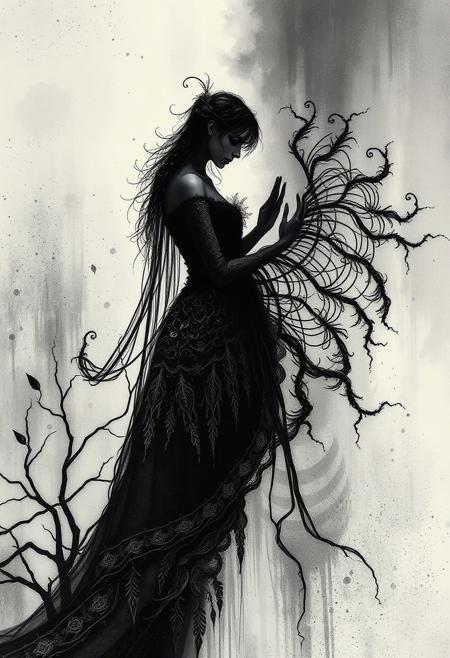 But I miss you most of all, my darling, intricate gothic horror illustration blending into soft ethereal photography, hyper-detailed ink textures dissolving into luminous abstract light, eerie yet melancholic atmosphere, chiaroscuro horror with dreamlike fragility, haunting decay balanced with poetic presence