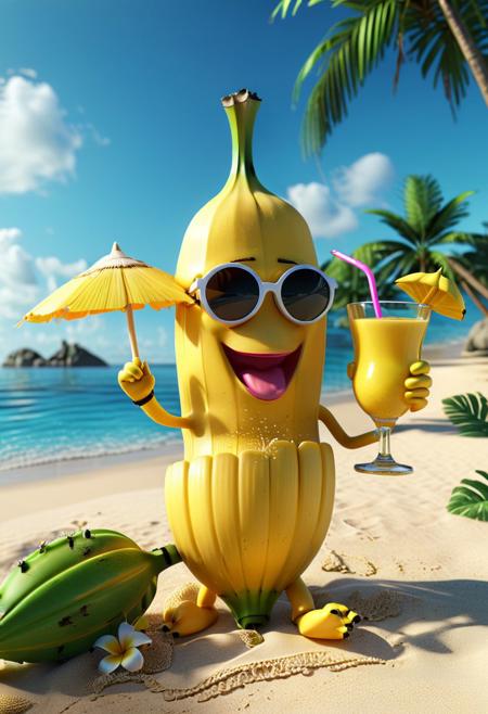3D render of a cute banana character relaxing on the beach, sipping on a tropical drink.