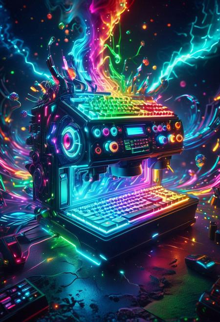 The RGB Kingdom, Masterpiece, best quality, amazing quality, absurd, latest, volumetric lighting, UHD, SFW, vibrant colors, neon, vivid colors, RGB-infused Nanite Swarms with swirling colors, keyboards, stunning visuals, exquisite detail, digital art, humorous, realistic, highly detail, beautiful, surreal, dramatic, galaxy fantasy colors, glowneon, glowing, sparks, lightning