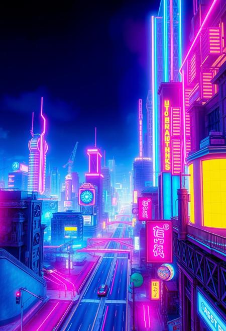 Create a surreal, dreamlike scene of a cityscape at night, but instead of traditional buildings and streets, the city is made up of neon-lit, futuristic structures that seem to defy gravity and logic. The sky is a deep, electric blue, and the air is filled with a haze of neon-colored mist. The art style is a fusion of 80s-style neon art and digital painting, with bold, vibrant colors and intricate, detailed patterns that create a sense of depth and texture. The colors are bright and glowing, with a focus on pinks, blues, and purples to convey a sense of energy and futurism. Style: neon, digital painting, surreal. Colors: bright, glowing, pink, blue, purple. Highest-Quality, 4k, Masterpiece