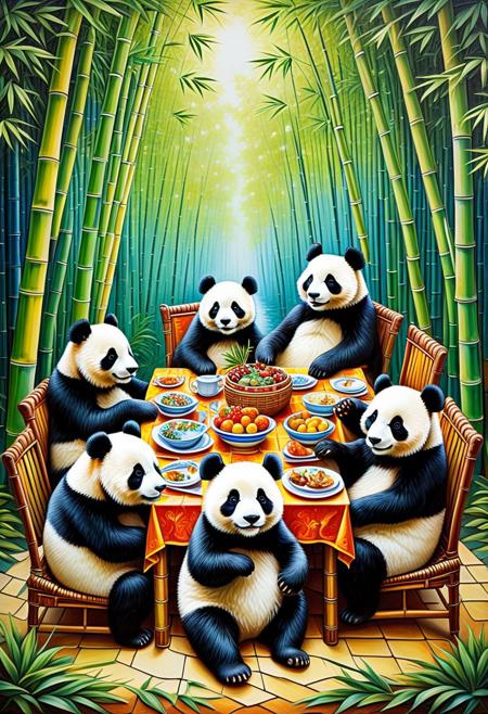 Oil painting, sweet, colorful, bright and whimsical, imaginative, surreal fantasy, epic image of  majestic family of pandas made of tiles, dining in a tiled bamboo forest., rich deep colors, detailed, magical atmosphere, magnificent,