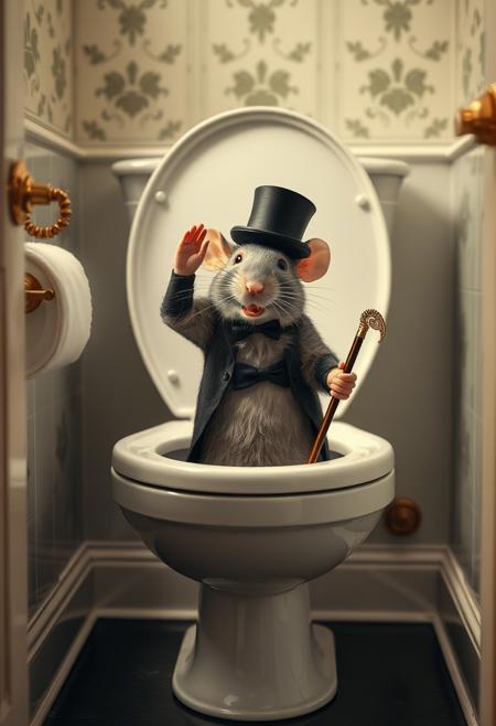 A large city rat in a tiny tuxedo with a top hat and a cane salutes the viewer from the toilet bowl of a luxurious bathroom, fantasy scene from a musical comedy blockboster rat-rat-land featuring happy singing rats crawling from people's toilet to sing music hall songs.