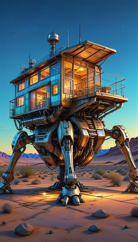 (cel-shading:2)+, (in ARTIST style:1.6), (masterpiece:1.7), hyperrealism, glossy, shinny, night:2,
clear image, accurate picture, clear picture, precise image, focused image, Science fiction style, Science fiction, neon, glowing neon,
(glass and wood house with cozy comfy living space inside) on mechanical legs, science fiction, aquarium on mechanical legs focus, night desert background, mecha, wooden,
comic style, (ultra sharp focus:2), (thin lines:2),
(best quality:1.8),
<lora:Apparatus_-_Traction_City_Walkers_Vehicles:0.8>,