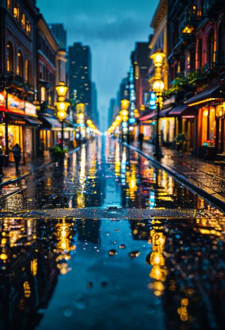 Imagine a captivating urban scene with a unique tilt-shift effect. A solitary figure stands on a rain-soaked street, their silhouette reflected in puddles that mirror the vibrant city lights. Use a tilt-shift lens, such as the Canon TS-E 50mm f/2.8L, to selectively focus on the figure and create a miniaturized effect with the city lights. The tilt-shift effect adds a creative blur to the scene, emphasizing the sharp focus on the figure and the soft glow of the cityscape. Capture the intricate bokeh and the beautiful reflection of lights in the wet pavement. Enhance the warmth and saturation of the city lights to make them pop against the dark, rainy environment. A slow shutter speed of 1/15s will blur the movement of the rain, adding to the dreamlike atmosphere. For a stunning 4K wallpaper, boost the contrast and clarity, showcasing the unique tilt-shift blur, the sharp focus on the figure, and the beautiful interplay of light and reflections. This urban tilt-shift reflection will evoke a sense of wonder, inviting viewers into a magical world where the city takes on a playful and surreal vibe.