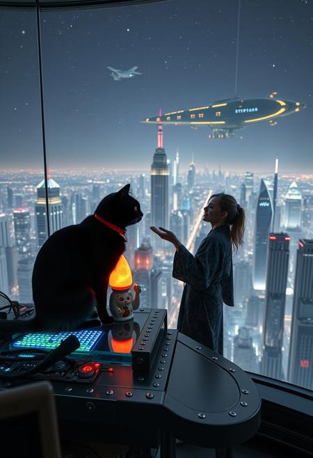 A sleek black cat with red collar sits on a cluttered metal riveted desk with transparent top and rgb led computer components visible inside, On the desk are a maneki neko statue and a lava lamp, the Black Cat is looking out of a seamless and futuristic floor to ceiling window that looks out at thousands of enormous wide and tall futuristic skyscrapers from a large window in a descending spaceship, a beautiful woman, 24 years old, is standing next to the cat looking at the viewer holding out her hand in a welcoming gesture, out the window is the enormous city at night, filled with buildings of many shapes and sizes, some over a mile tall))), the woman is dressed in an ornate Japanese style bath robe. An enormous deco starship with futuristic lighting and design is visible high above the city, and a space station is visible in the background among the stars, The woman's hair is messy from just waking up and tied up with a ribbon. Artistic cyberpunk, dynamic perspective, (((overall architectural aesthetic is Art Deco Cyberpunk))).  (((A large futuristic building shaped like a torii gate stands among the enormous tokyo structures,)))