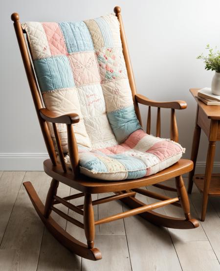 A faded, patchwork quilt lies draped across the back of a well-loved rocking chair, its soft fabric bearing the stitched signatures of generations past. The gentle creaking of the chair's wooden runners fills the room, a soothing lullaby that echoes the comforting embraces and whispered stories of yesteryear.
<lora:grainy-v1:0.5> <lora:xl_more_art-full_v1:0.5>