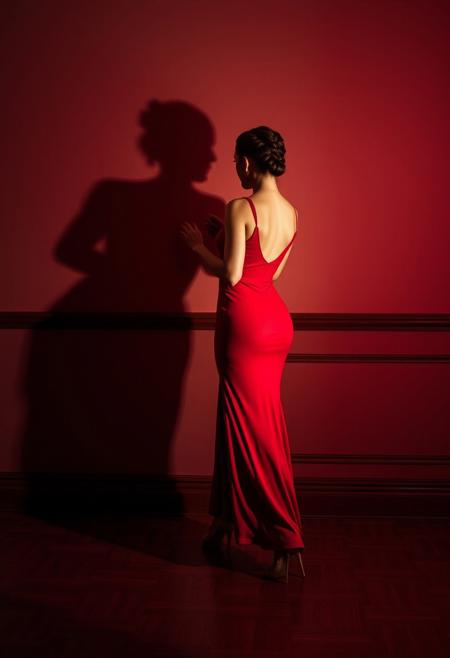 Art photography contest grand winner, an artistic photograph of a woman in a long red tango dancing dress with heels, her hair is made in a beautiful braided bun, she stands alone facing the wall sideways to the viewer and she looks as if seemingly dancing with the shadow of a man on the wall, the shadow is slightly taller than the woman, the shadow is that of a fit elegant dancer, the photograph is taken in a rich venue, the hardwood floor has pattern, the bottom of the walls have wooden panels the upper part of the walls are painted in a neutral tone, the lighting is moody and professional with a red tint, the atmosphere is heavy and a little smoky