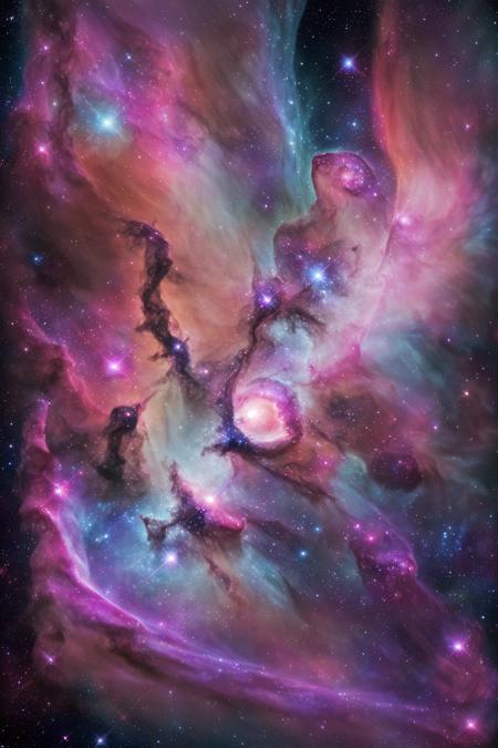 (masterpiece), (best quality), photorealistic deep space close-up of the Orion Nebula (M42), vibrant and colorful interstellar gas clouds, glowing blue, violet, magenta, and pink tones, bright stars embedded within, cosmic dust swirling around, ultra-sharp details, astronomical realism, space photography aesthetic, high contrast, cinematic