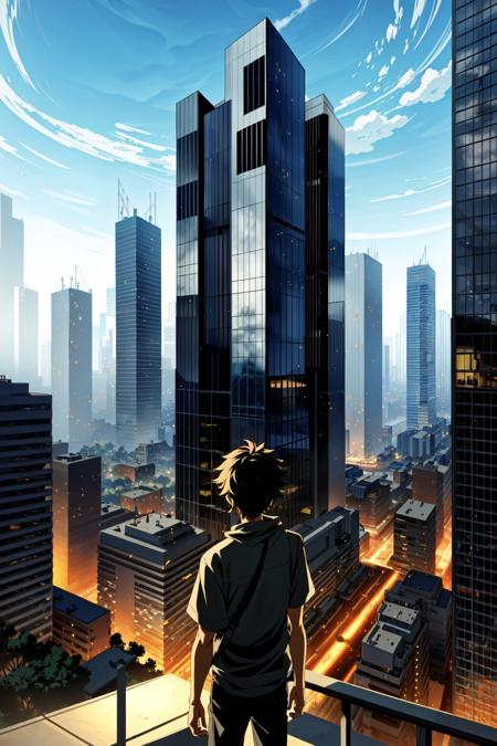 masterpiece of anime, best cinema quality, volumetric lighting and shadows
1boy, pixar style
skyscrapers background