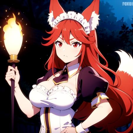 1girl, solo, red eyes, breasts, animal ears, fox tail, red hair, maid headdress, standing, <lora:Flay:0.6>