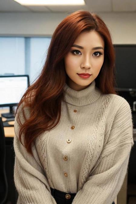 A woman wearing a blazer, office clothes, resembling an Asian woman, with brown hair, blue eyes and little makeup, with an intent badge, in a technological office, where she has the stereotype of a nerd with big breasts amidst several computers, raw photo, (18yo redhead girl:1.2), makeup, graphic eyeliner, rouge, (choker:0.9), realistic skin texture, oversize knit sweater, (red:0.8), softcore, warm lighting, cosy atmosphere, instagram style